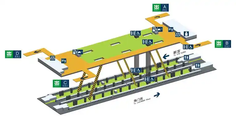 教程/铁路建造指南/image 1.png|某北京地铁站的结构示意图:可以看出地下二层为站台层,地下一层为站厅层